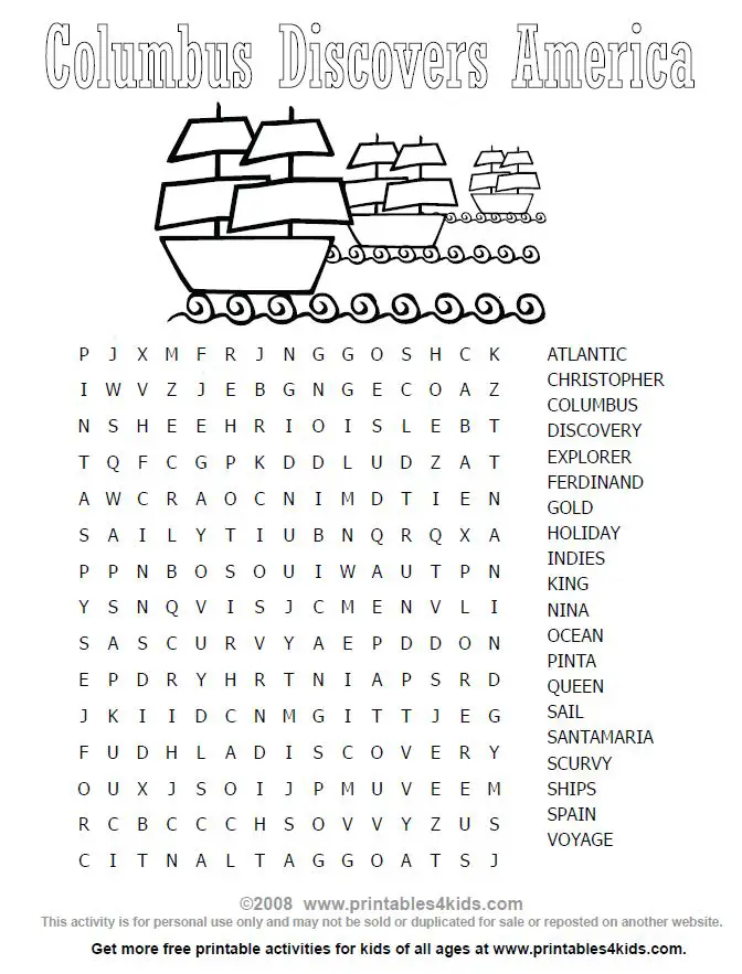Download Columbus Day Wordsearch : Printables for Kids - free word search puzzles, coloring pages, and ...